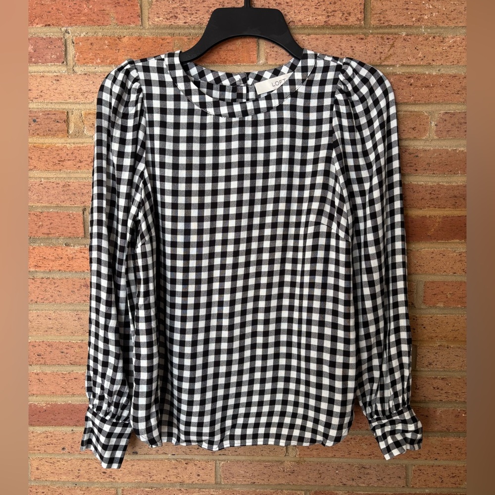 LOFT Gingham Blouse Top XXSP Black White Check Long Sleeve Rayon NWT
